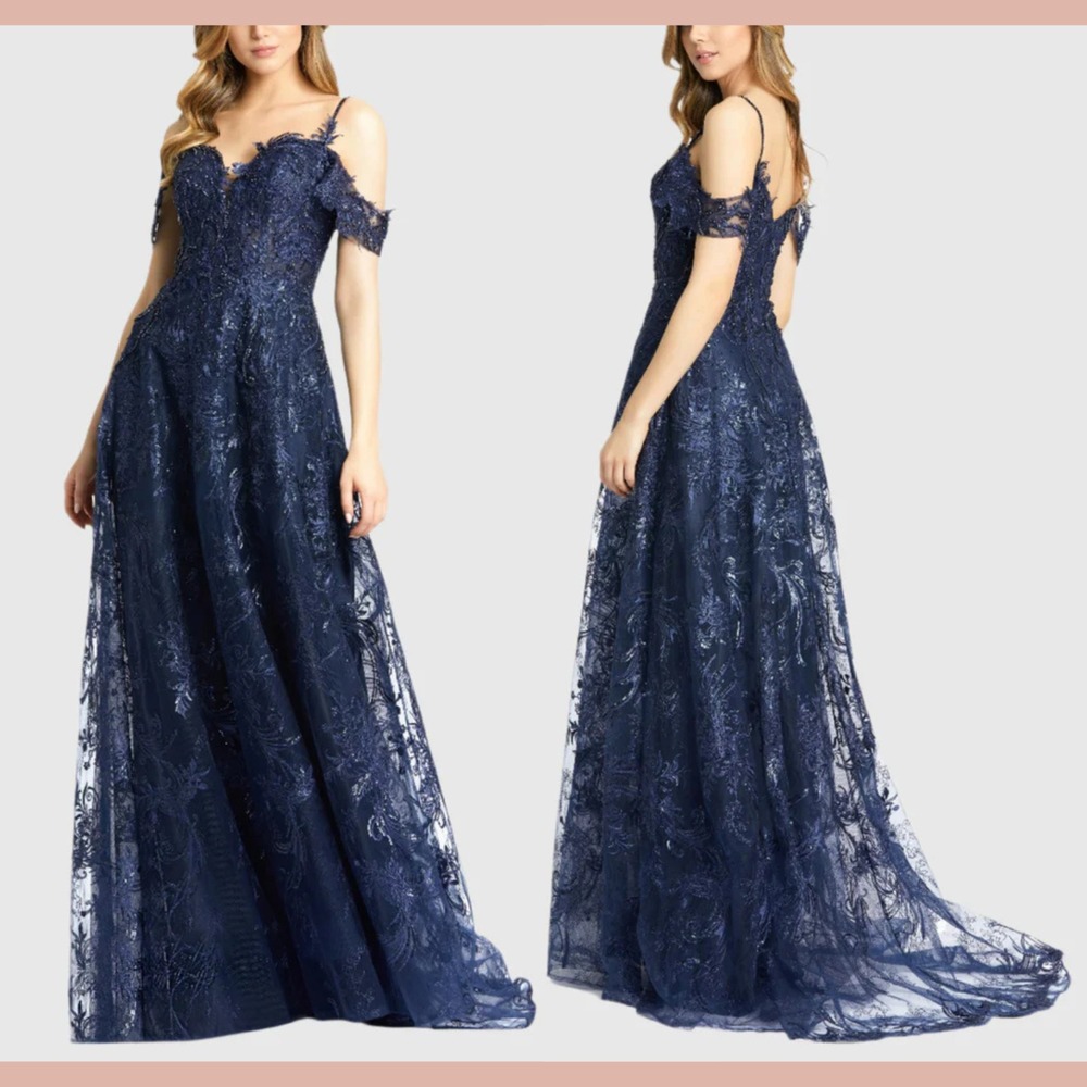 NWT MAC DUGGAL‎ [ 6 ] Embellished Cold Shoulder Sweetheart A Line Gown Blue